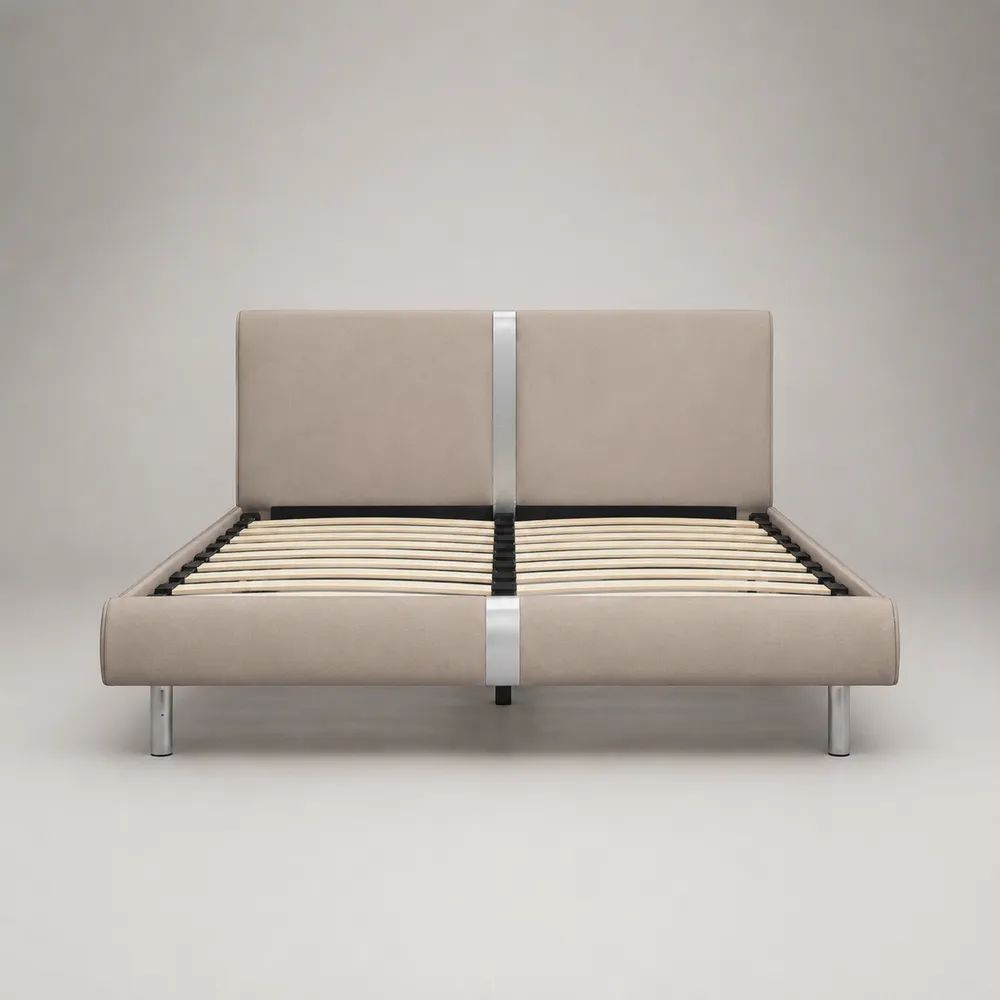 Letto matrimoniale imbottito beige con struttura in metallo e rete a doghe, materasso 160 x 200 cm, dimensioni 174 x 214 x 100 cm