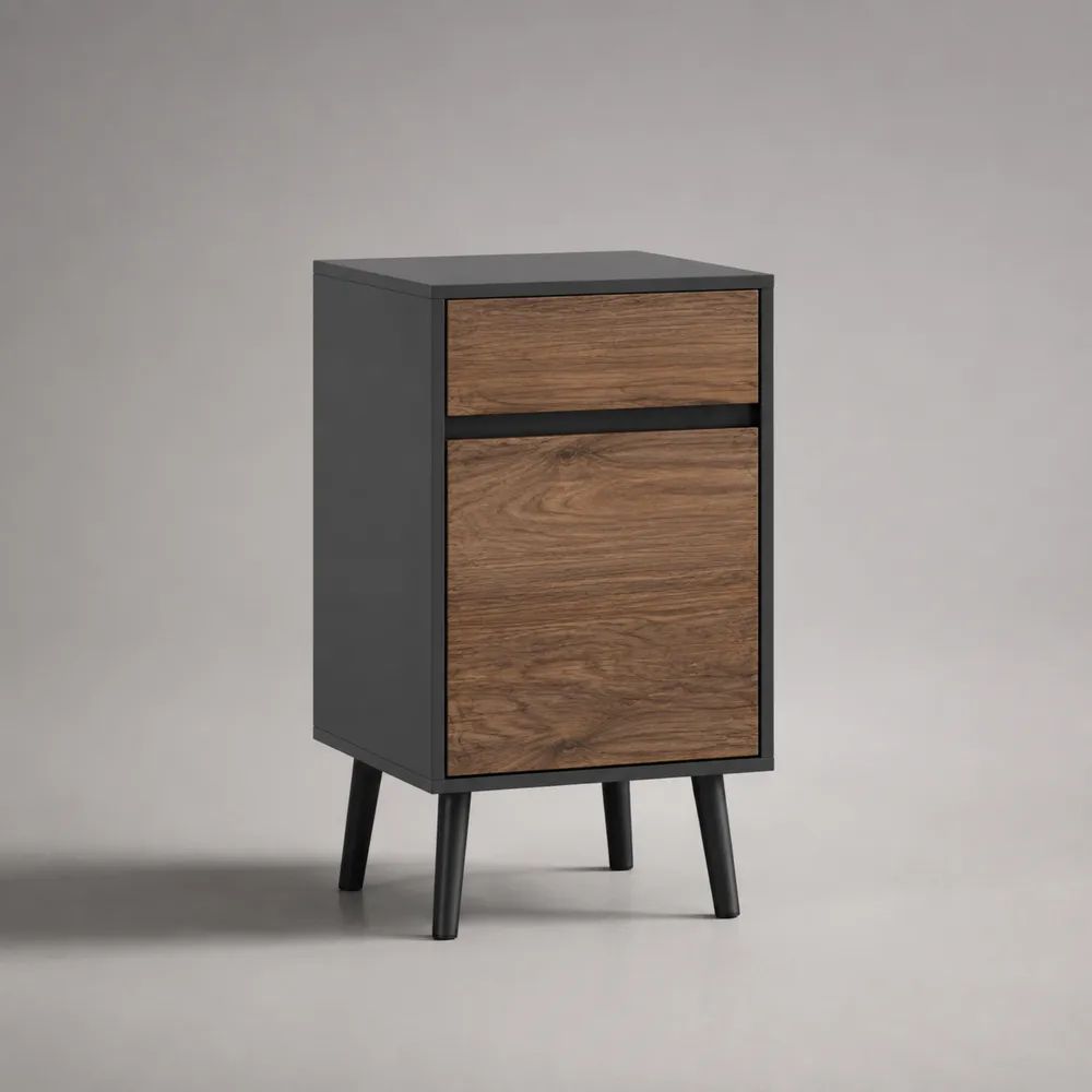 Comodino rettangolare in legno e acciaio con cassetto e anta, Nero/Noce, 40 x 35 x 65 cm