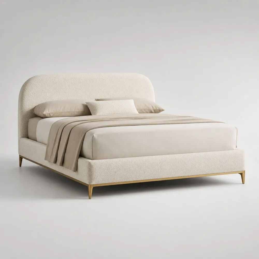 Letto matrimoniale imbottito 160 x 200 cm in tessuto bouclé crema con struttura in legno e base in acciaio dorato, 220 x 175 x 110 cm