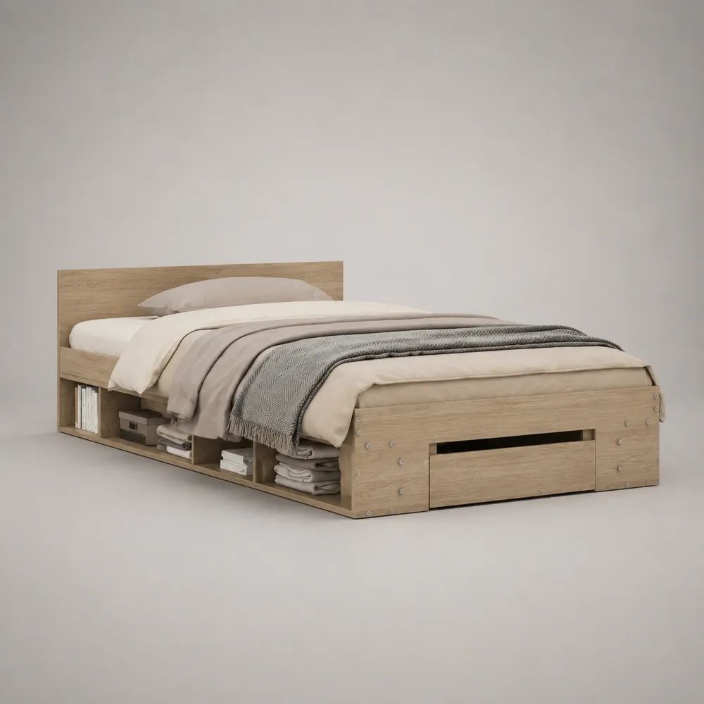 Letto matrimoniale contenitore in truciolare melaminico rovere chiaro, materasso 140 × 200 cm, dimensioni 146 × 206 × 80 cm