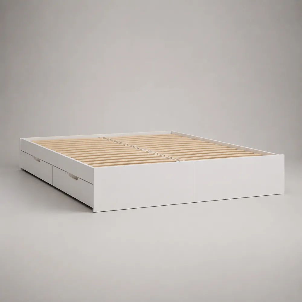 Letto matrimoniale bianco in legno con rete a doghe e 4 cassetti, 166 x 206 x 48 cm, per materasso 160 x 200 cm