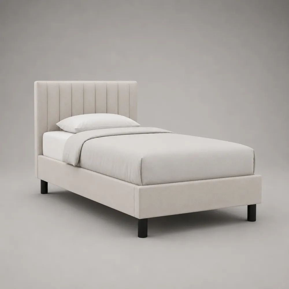 Letto singolo imbottito bianco con testiera a pannelli verticali, rivestimento in poliestere, per materasso 90 x 200 cm, 99 x 215 x 105 cm