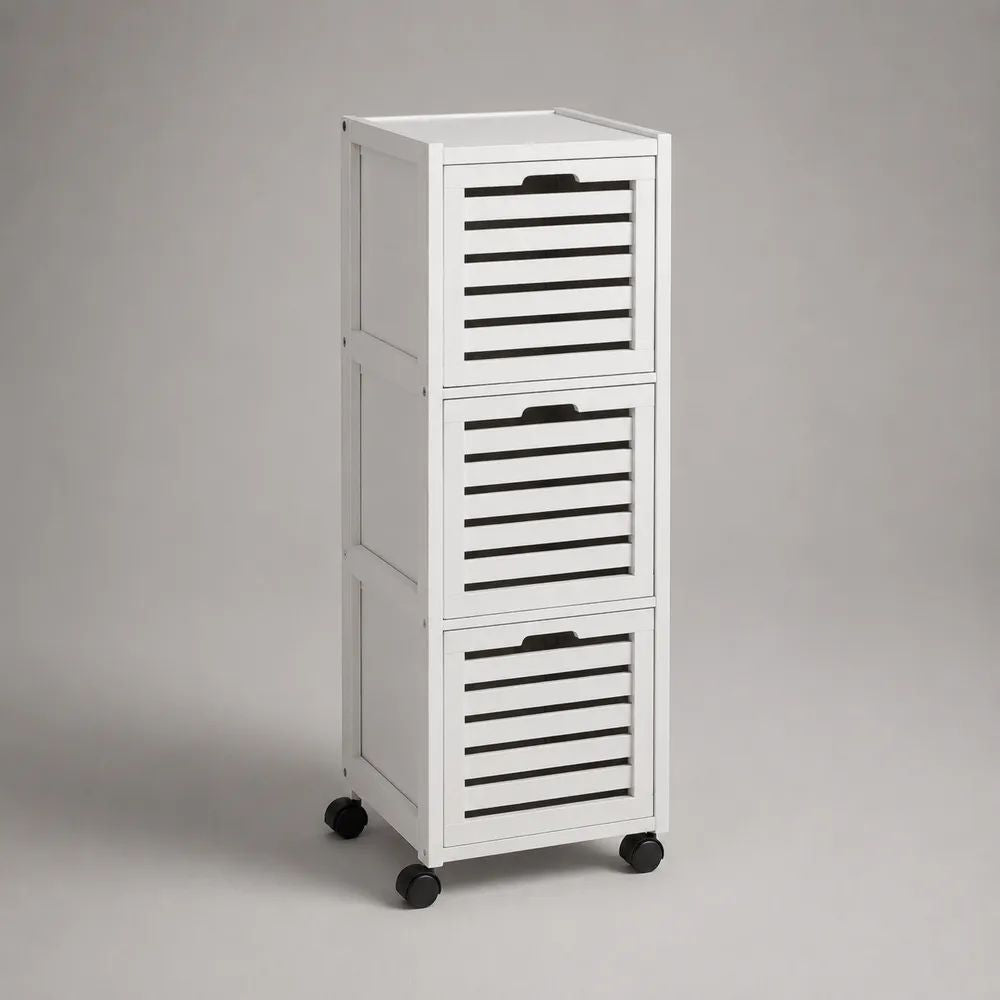 Mobiletto salvaspazio in legno con 3 cassetti a doghe e 4 ruote, bianco/nero, 34 x 33 x 101 cm