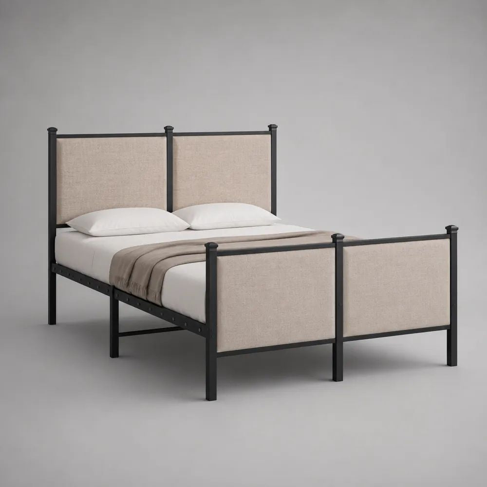 Letto matrimoniale 160 x 200 cm in acciaio nero con testiera e pediera imbottite beige