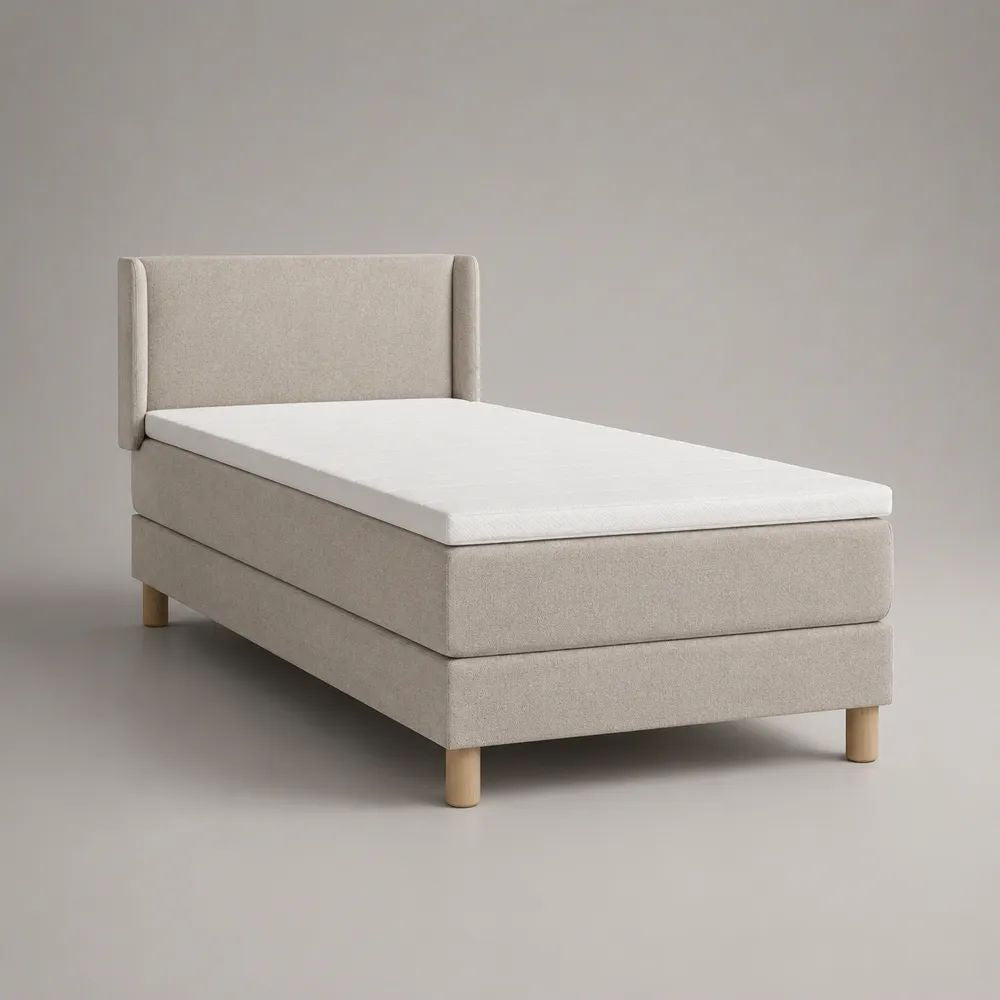 Letto singolo continentale in tessuto beige 90 × 200 cm con testiera, materasso e sovramaterasso, dimensioni 100 × 210 × 110 cm