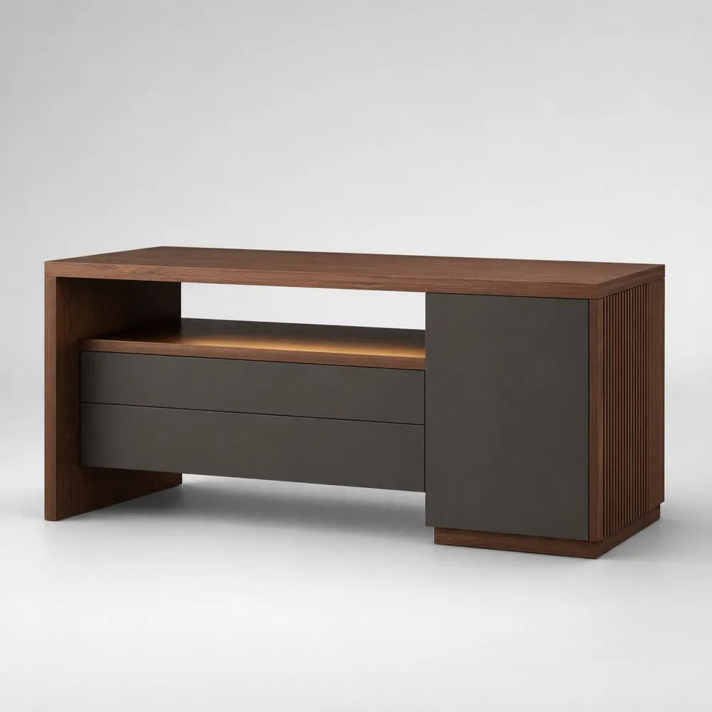 Tavolino contenitore rettangolare in legno con 2 cassetti e anta, Noce/Antracite, 120 x 40 x 60 cm