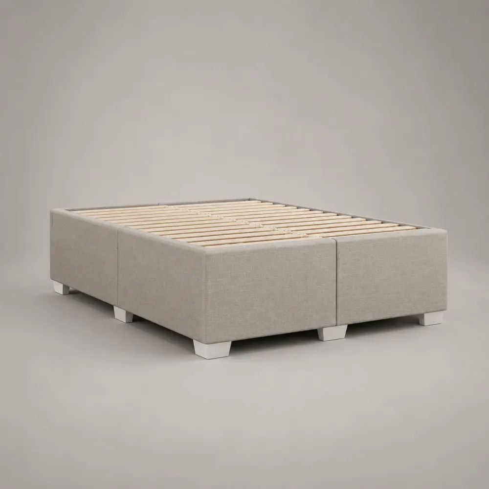 Struttura letto matrimoniale imbottita beige chiaro, 2 moduli in tessuto e legno, 206 x 166 x 40 cm, per materasso 160 x 200 cm