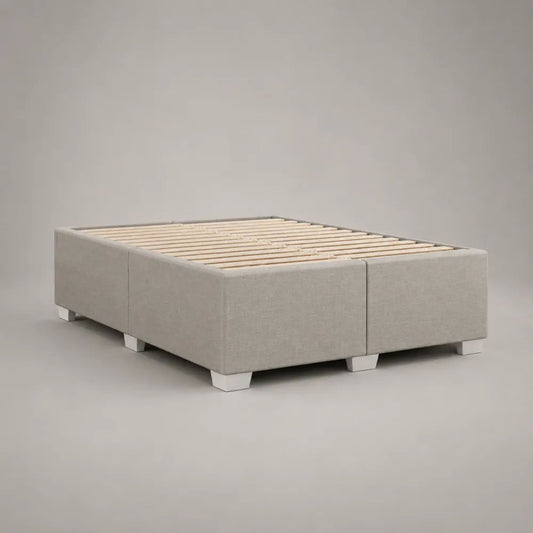 Struttura letto matrimoniale imbottita beige chiaro, 2 moduli in tessuto e legno, 206 x 166 x 40 cm, per materasso 160 x 200 cm