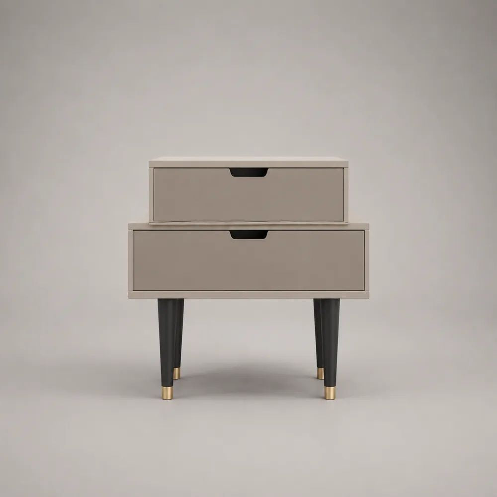 Comodino rettangolare in legno con 2 cassetti, tortora con gambe nere e dorate, 60 x 40 x 65 cm