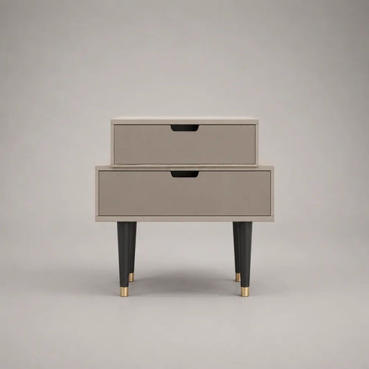Comodino rettangolare in legno con 2 cassetti, tortora con gambe nere e dorate, 60 x 40 x 65 cm