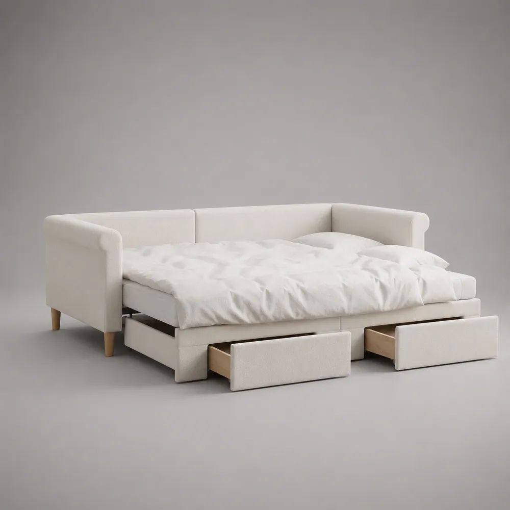 Divano letto estraibile matrimoniale imbottito in poliestere con 2 cassetti, bianco crema, 212 x 100 x 84 cm, superficie letto 180 x 200 cm