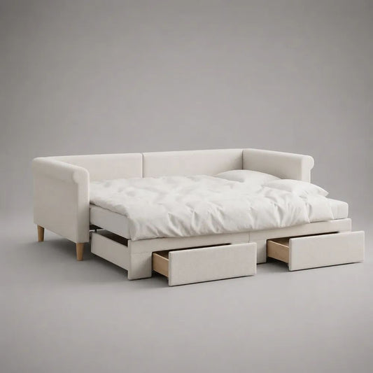 Divano letto estraibile matrimoniale imbottito in poliestere con 2 cassetti, bianco crema, 212 x 100 x 84 cm, superficie letto 180 x 200 cm