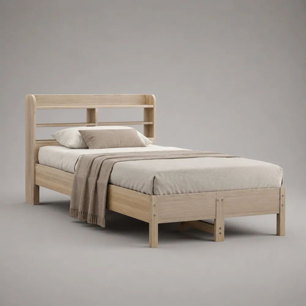 Letto singolo in legno con testiera libreria, beige naturale, per materasso 90 x 200 cm, dimensioni 210 x 99 x 150 cm