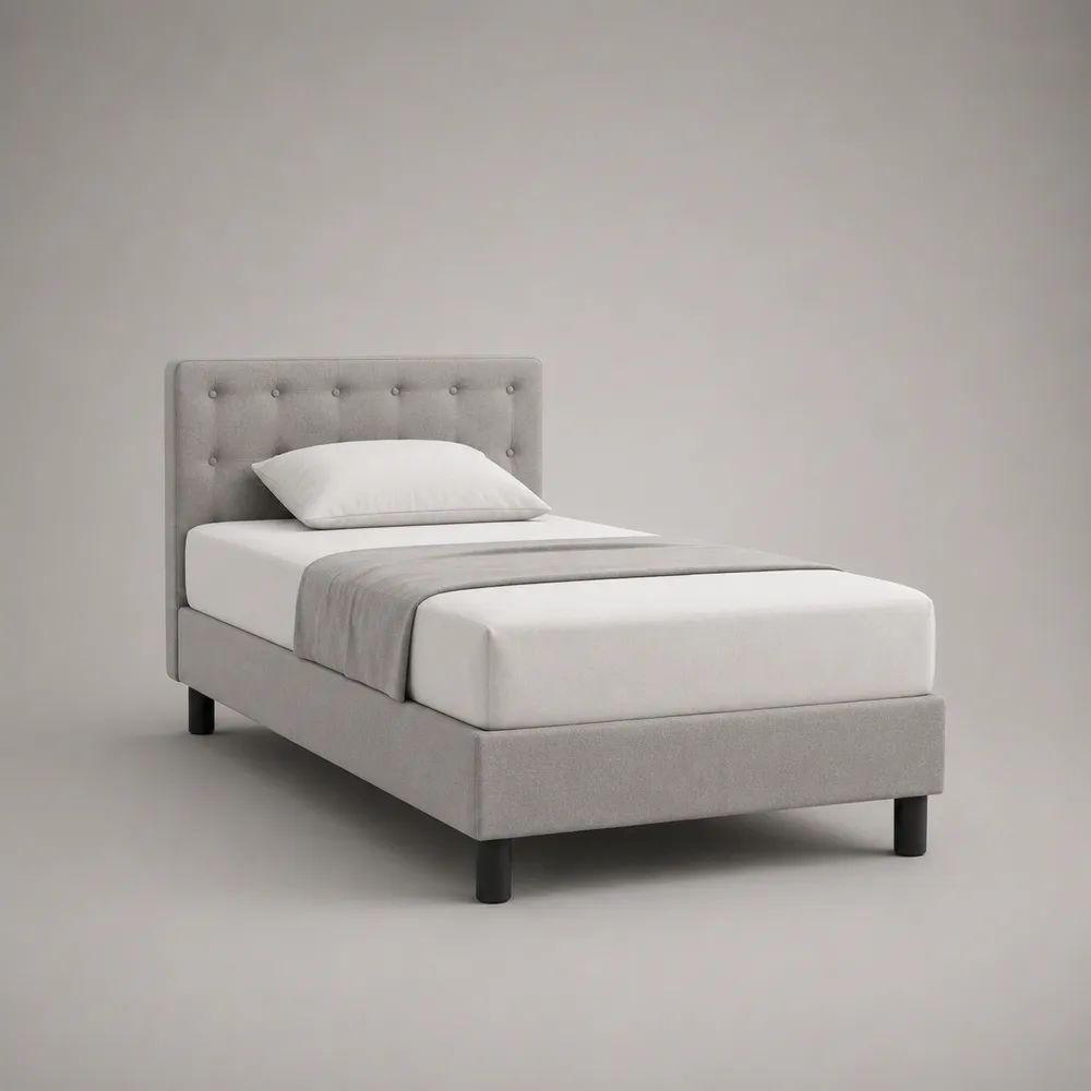 Letto singolo imbottito in poliestere grigio chiaro con testiera capitonné e rete a doghe, per materasso 90 x 190 cm, dimensioni 100 x 200 x 110 cm