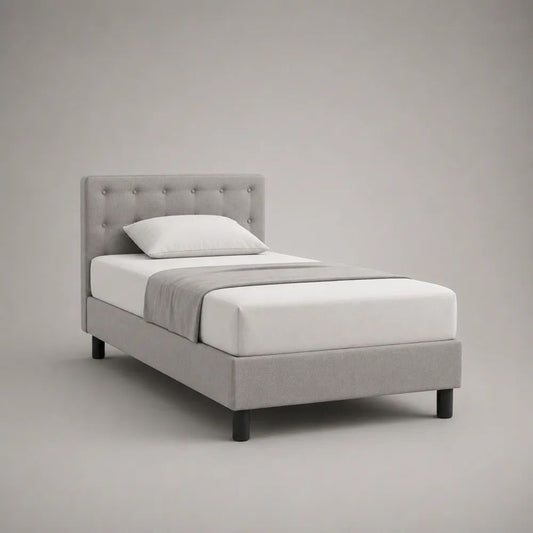 Letto singolo imbottito in poliestere grigio chiaro con testiera capitonné e rete a doghe, per materasso 90 x 190 cm, dimensioni 100 x 200 x 110 cm