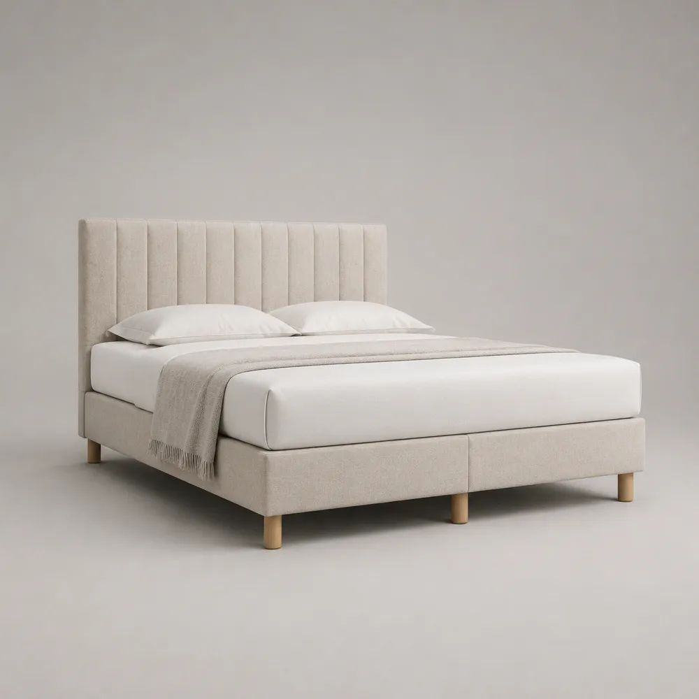 Letto matrimoniale imbottito beige 160 x 200 cm, ingombro 170 x 215 x 120 cm, con testiera scanalata e gambe in legno