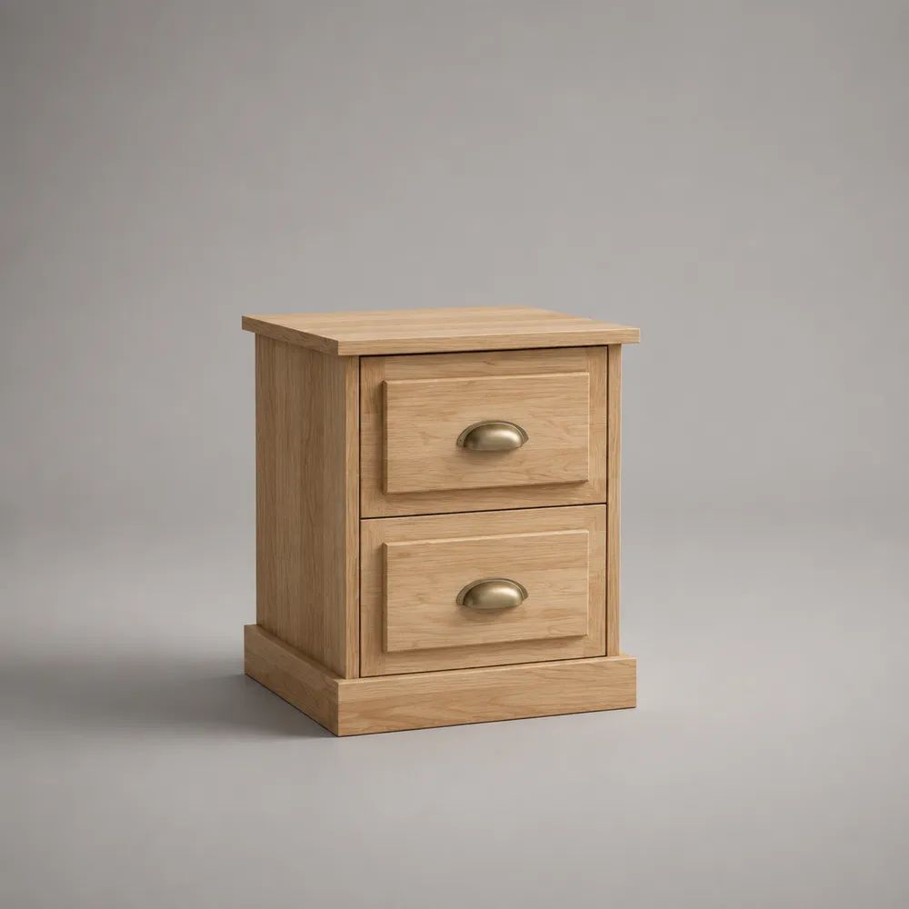 Comodino rettangolare in MDF impiallacciato effetto rovere naturale con 2 cassetti, 45 × 40 × 60 cm
