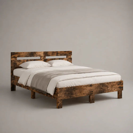 Letto matrimoniale rettangolare in legno massello di pino marrone, 210 x 168 x 105 cm, con testiera e rete a doghe per materasso 160 x 200 cm