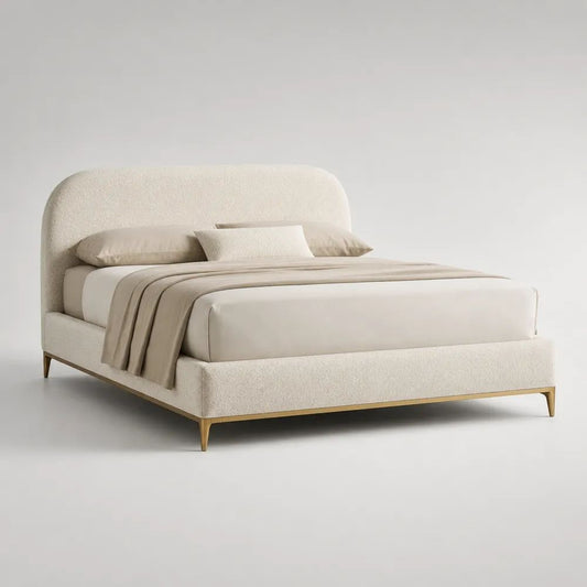 Letto matrimoniale imbottito 160 x 200 cm in tessuto bouclé crema con struttura in legno e base in acciaio dorato, 220 x 175 x 110 cm