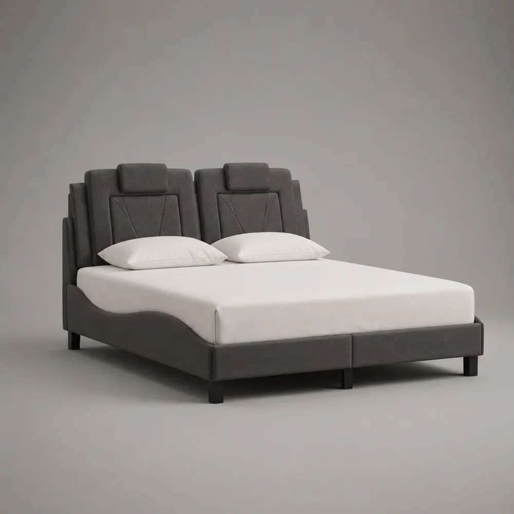 Set di 2 letti singoli affiancabili 90 × 200 cm in tessuto grigio e metallo nero con testiere imbottite, configurazione matrimoniale 180 × 200 cm