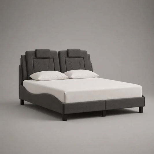 Set di 2 letti singoli affiancabili 90 × 200 cm in tessuto grigio e metallo nero con testiere imbottite, configurazione matrimoniale 180 × 200 cm