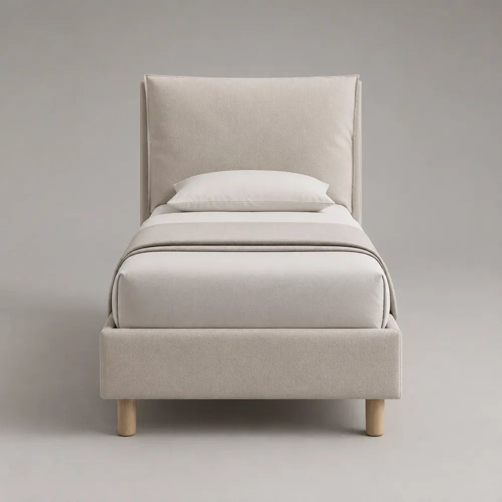 Letto singolo imbottito 90 × 200 cm in tessuto beige con testiera rettangolare