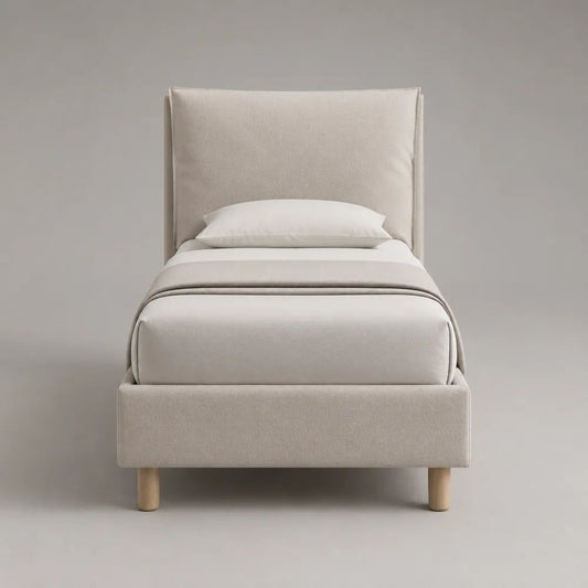 Letto singolo imbottito 90 × 200 cm in tessuto beige con testiera rettangolare