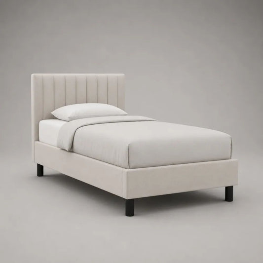Letto singolo imbottito bianco con testiera a pannelli verticali, rivestimento in poliestere, per materasso 90 x 200 cm, 99 x 215 x 105 cm