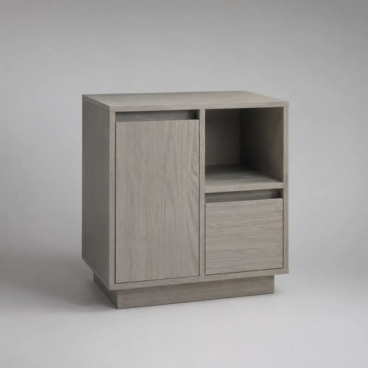 Comodino rettangolare in truciolare melaminico rovere grigio con anta, cassetto e vano aperto, 60 x 40 x 70 cm