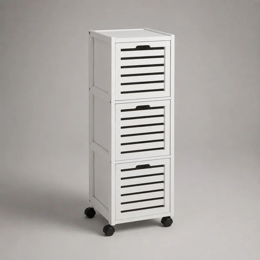 Mobiletto salvaspazio in legno con 3 cassetti a doghe e 4 ruote, bianco/nero, 34 x 33 x 101 cm