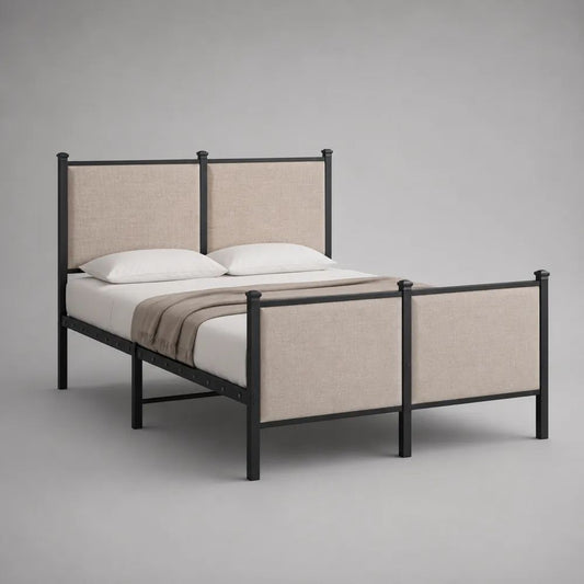 Letto matrimoniale 160 x 200 cm in acciaio nero con testiera e pediera imbottite beige