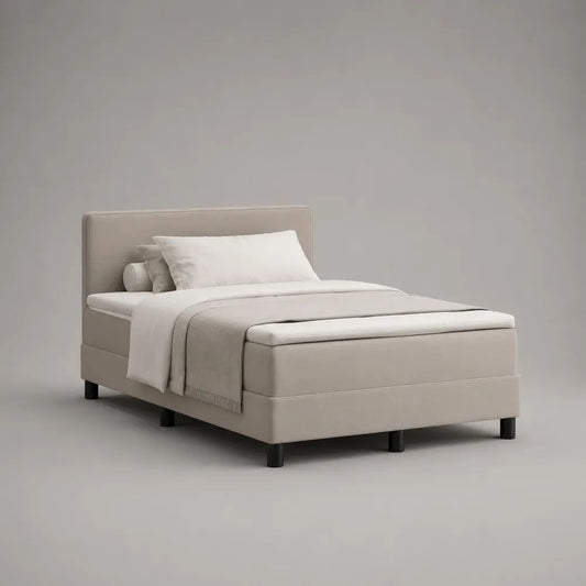 Letto singolo imbottito in tessuto beige 90 × 200 cm con testiera e rete a doghe