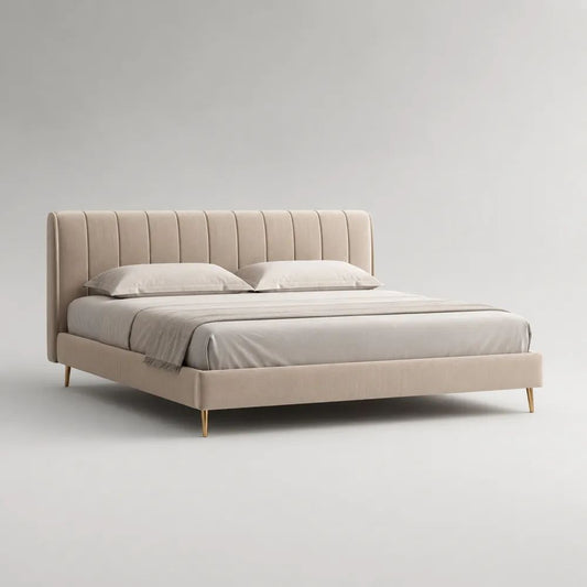 Letto matrimoniale imbottito in tessuto beige e metallo oro con testiera a pannelli, 215 x 170 x 105 cm, per materasso 160 x 200 cm