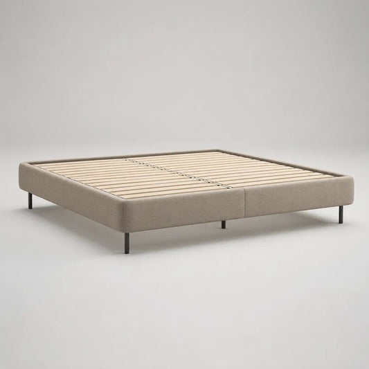 Letto matrimoniale imbottito 160 x 200 cm in tessuto beige con doghe in legno e gambe in metallo nero