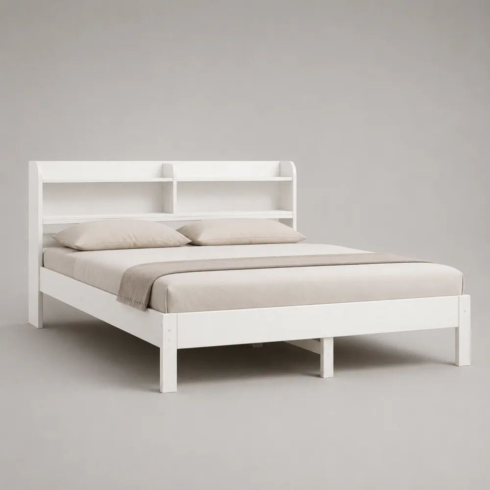 Letto matrimoniale in legno bianco 160 x 200 cm con testiera libreria e rete a doghe