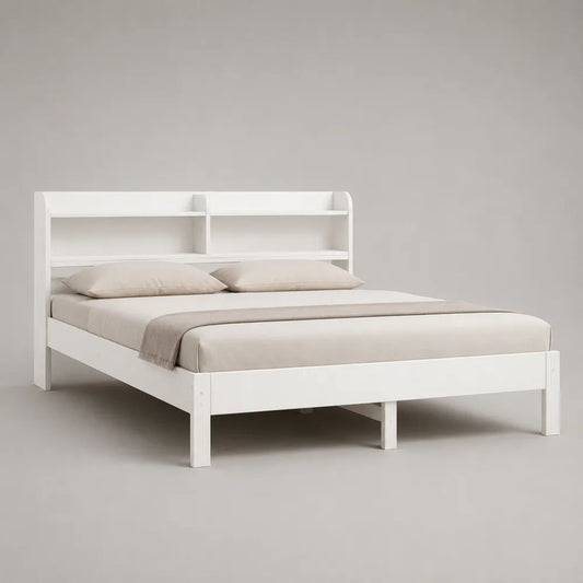 Letto matrimoniale in legno bianco 160 x 200 cm con testiera libreria e rete a doghe