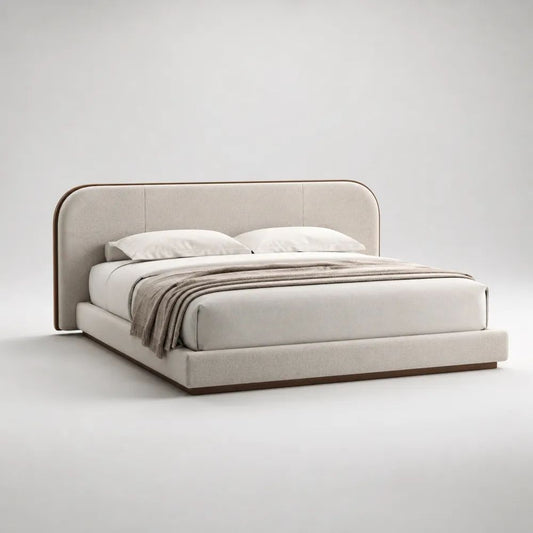 Letto matrimoniale imbottito in tessuto crema e legno marrone, 190 x 220 x 110 cm, rete 160 x 200 cm