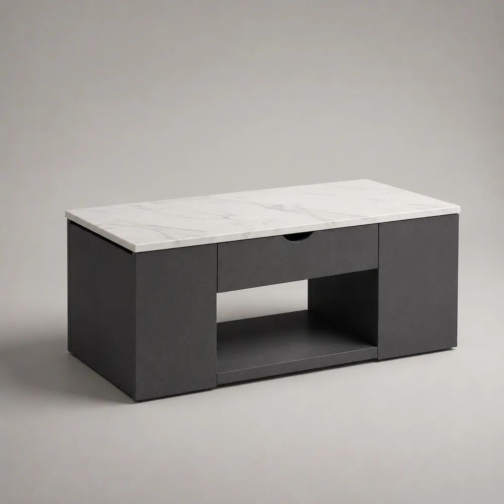 Tavolino da salotto rettangolare in truciolare nero con cassetto, anta, vano aperto e piano effetto marmo bianco, 100 x 50 x 45 cm