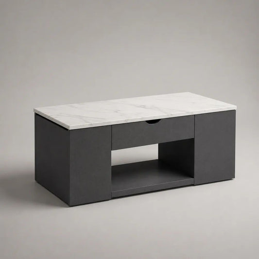Tavolino da salotto rettangolare in truciolare nero con cassetto, anta, vano aperto e piano effetto marmo bianco, 100 x 50 x 45 cm
