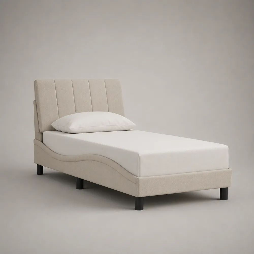 Letto singolo imbottito in tessuto bouclé beige con testiera a pannelli verticali, 101 x 214 x 110 cm, per materasso 90 x 200 cm
