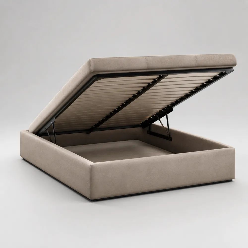 Letto matrimoniale contenitore 160 x 200 cm senza testiera, rivestito in microfibra beige, con rete a doghe sollevabile, 172 x 212 x 35 cm