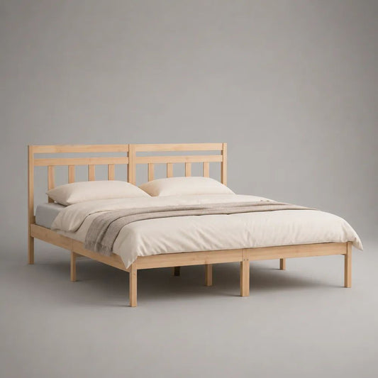 Letto matrimoniale 180 x 200 cm in pino massiccio naturale con rete a doghe e testiera rettangolare