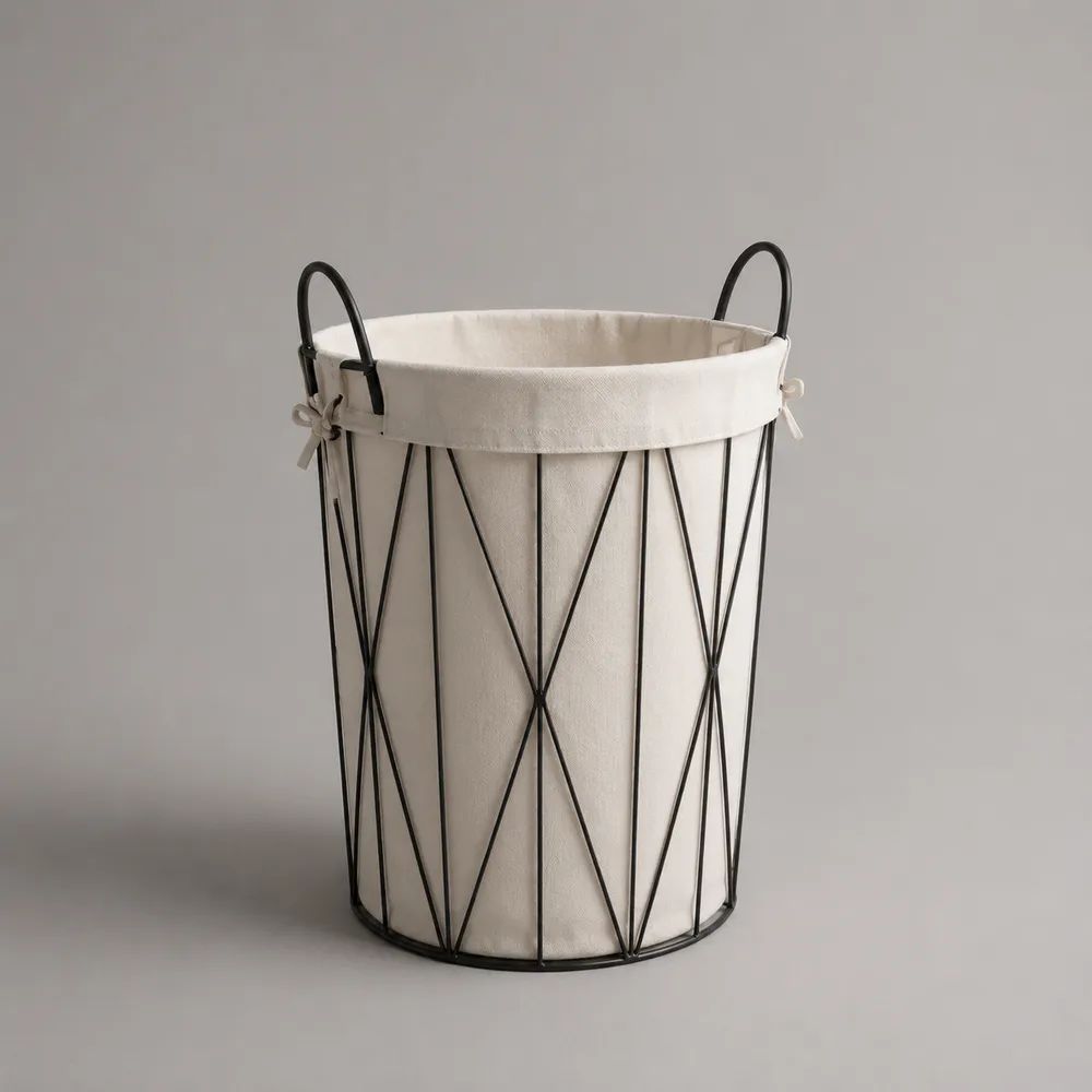 Cesto portabiancheria rotondo in tela di cotone e acciaio nero con sacco rimovibile avorio, Ø 40 × 50 cm, 55 L