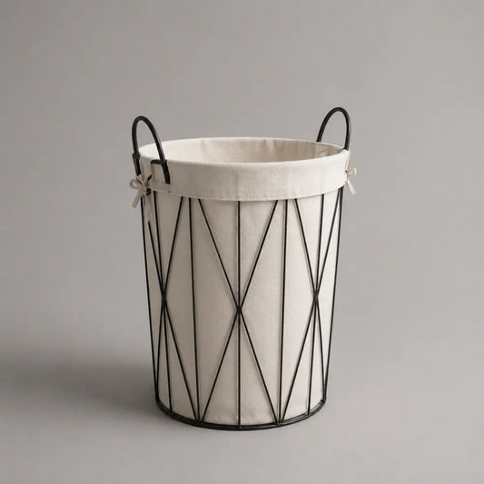 Cesto portabiancheria rotondo in tela di cotone e acciaio nero con sacco rimovibile avorio, Ø 40 × 50 cm, 55 L