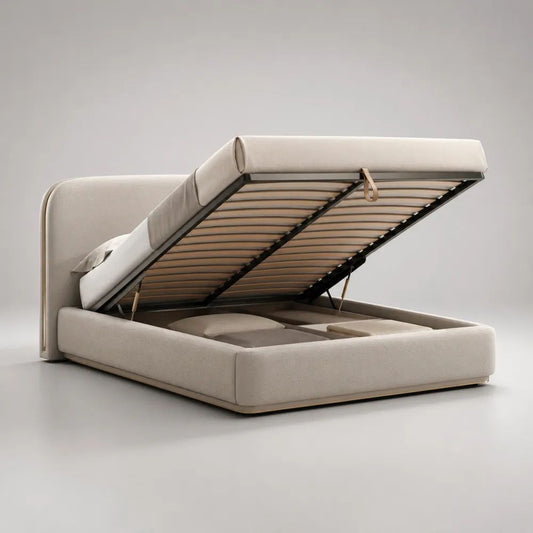Letto matrimoniale contenitore beige in tessuto bouclé con testiera imbottita e rete a doghe, per materasso 160 x 200 cm, dimensioni 180 x 220 x 105 cm