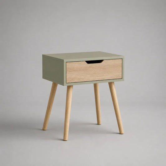 Comodino rettangolare in MDF e legno con cassetto, verde salvia e rovere naturale, 40 x 35 x 55 cm