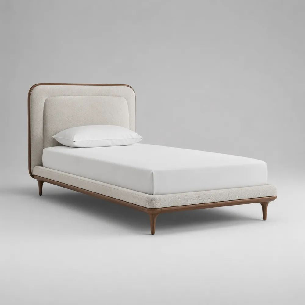 Letto una piazza e mezza imbottito in tessuto bouclé e legno, beige e marrone noce, per materasso 120 × 200 cm, 132 × 215 × 110 cm