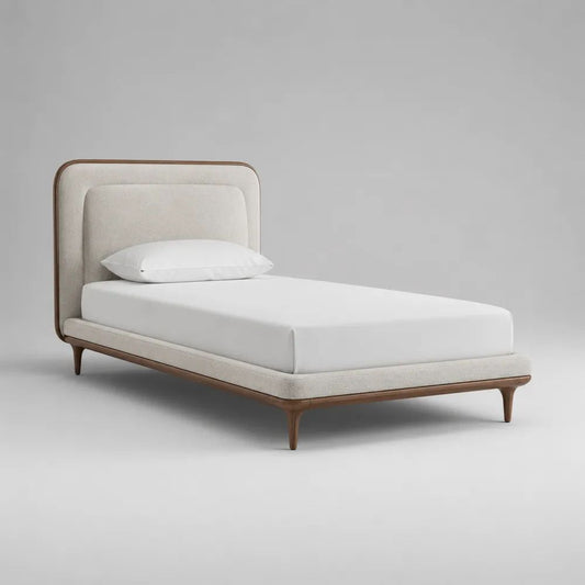 Letto una piazza e mezza imbottito in tessuto bouclé e legno, beige e marrone noce, per materasso 120 × 200 cm, 132 × 215 × 110 cm