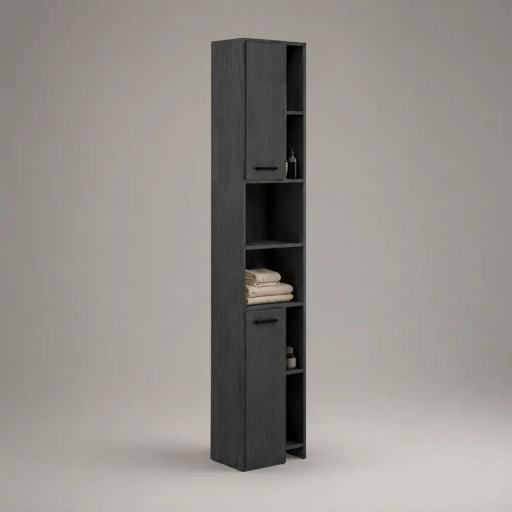 Mobile colonna da bagno alto in truciolare melaminico antracite con 2 ante e 6 vani, 35 x 30 x 190 cm