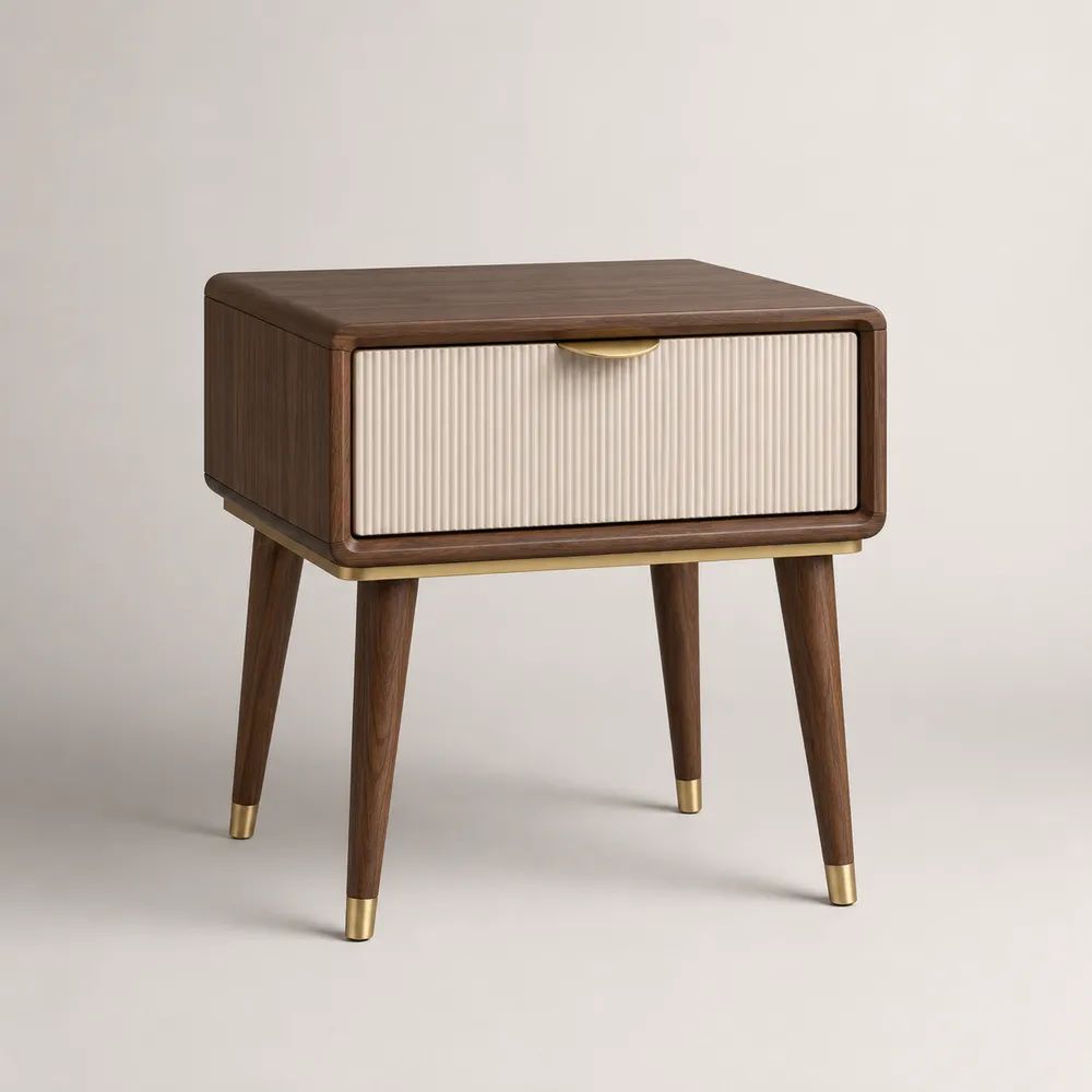 Comodino rettangolare con cassetto in MDF impiallacciato noce, marrone noce, crema e ottone, 50 × 40 × 60 cm